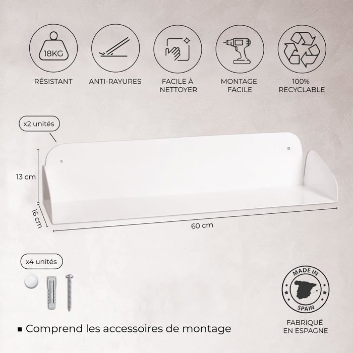 Etagère murale - Miluka - M60 - Acier enduit de poudre - Design scandinave - 60x16,5 cm