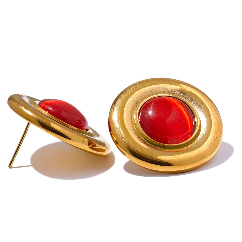 

Yhpup Red Black Natural Stone Stainless Steel Round Stud Earrings for Women Gold Color Fashion Statement Jewelry Waterproof Gift
