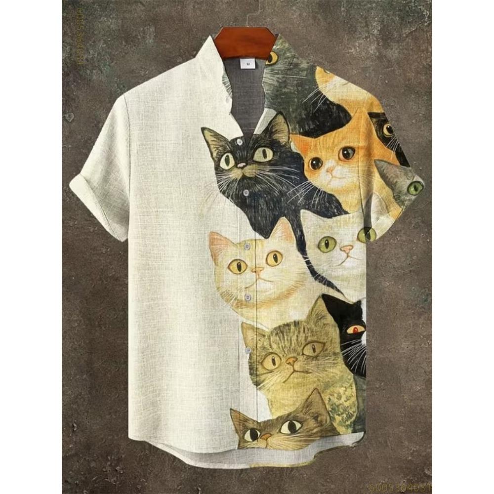 Men's Shirt Fashion Cat Print Short Sleeved Shirt Outdoor Beach Loose Casual Hawaiian Shirt Comfortable Fabric