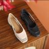 Sheepskin Version~ Retro Grid Splicing Hollow and Breathable Shallow Mouth Single Shoes, One Pedal Square Head Leather High Heels Women