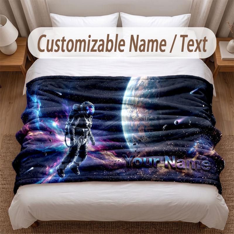 Astronaut Space Theme Soft Blanket Personalized Custom Name Text Print Warm Blanket Home Sofa Bedroom Decor