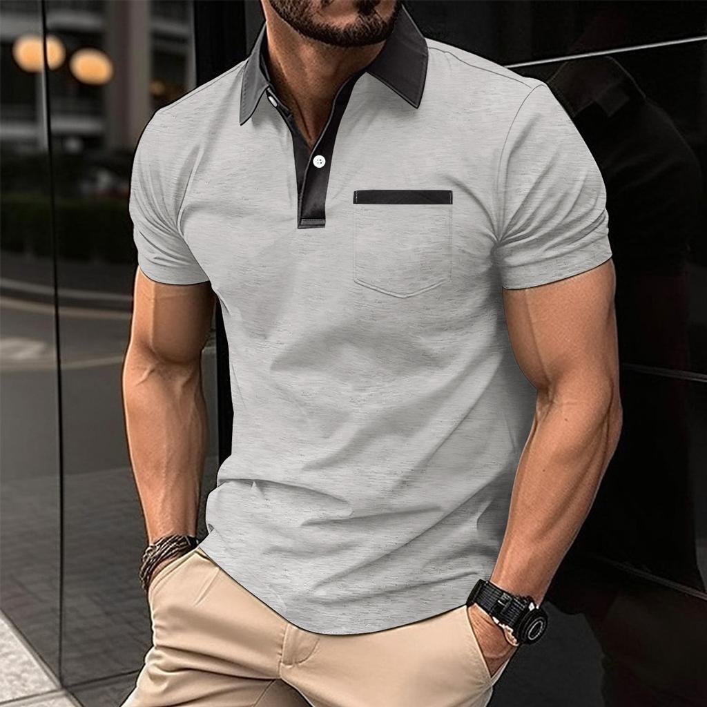 Men's Fashion Slim-Fit Collared Short-Sleeved T-Shirt with Chest Pocket