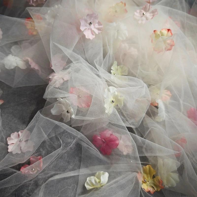 Fantasy Flower Tulle Veil Fabric Background Decoration Wedding Dress Children's Clothing 3D Flower Mesh Fabric 100x150cm
