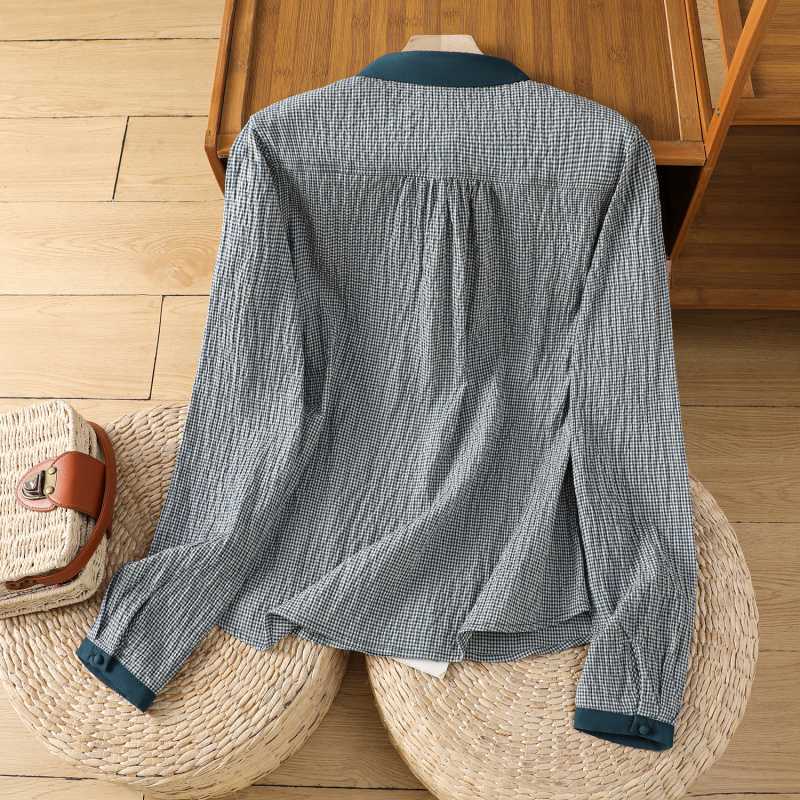 Early Spring Art Versatile Color Blocked Small Checkered Shirt Retro Small Collar Long Sleeve Checkered Top Shirt Blouses & Shirts