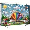 Colorful Pencil & Book Backdrop, Art Classroom Photography Background
