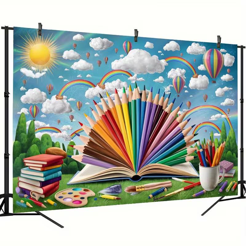 Colorful Pencil & Book Backdrop, Art Classroom Photography Background
