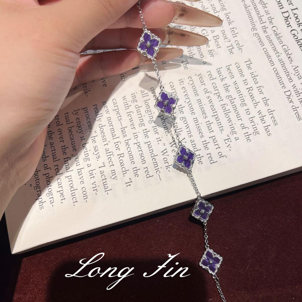 French Retro High-End Purple Dragon Crystal Turquoise Bracelet, Necklace, Earrings, Court Style Four-Leaf Clover Set, Live Broadcast Special