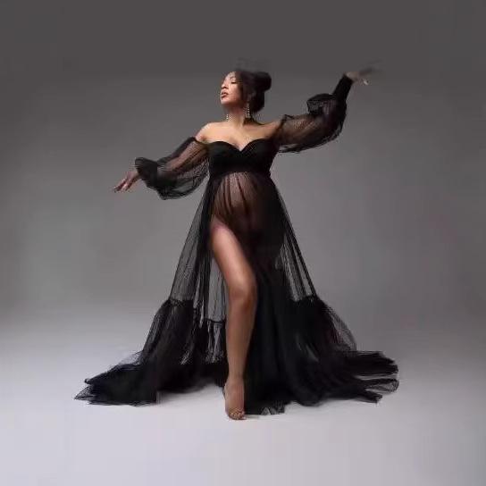 Women's Long Sleeve Maternity Gown Off Shoulder Sweetheart Tulle Split Photoshoot Dress