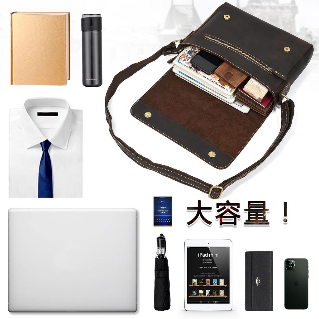 Luufan Men's Genuine Leather Shoulder Bag, A4 Size, Messenger Bag, Large Capacity, Leather Crossbody Bag with Flap, Durable, Retro Design, Dark Brown