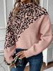 Leopard Print High Neck Pullover Sweater - Long Sleeve, Loose Fit, Casual Autumn/Winter Knitwear.
