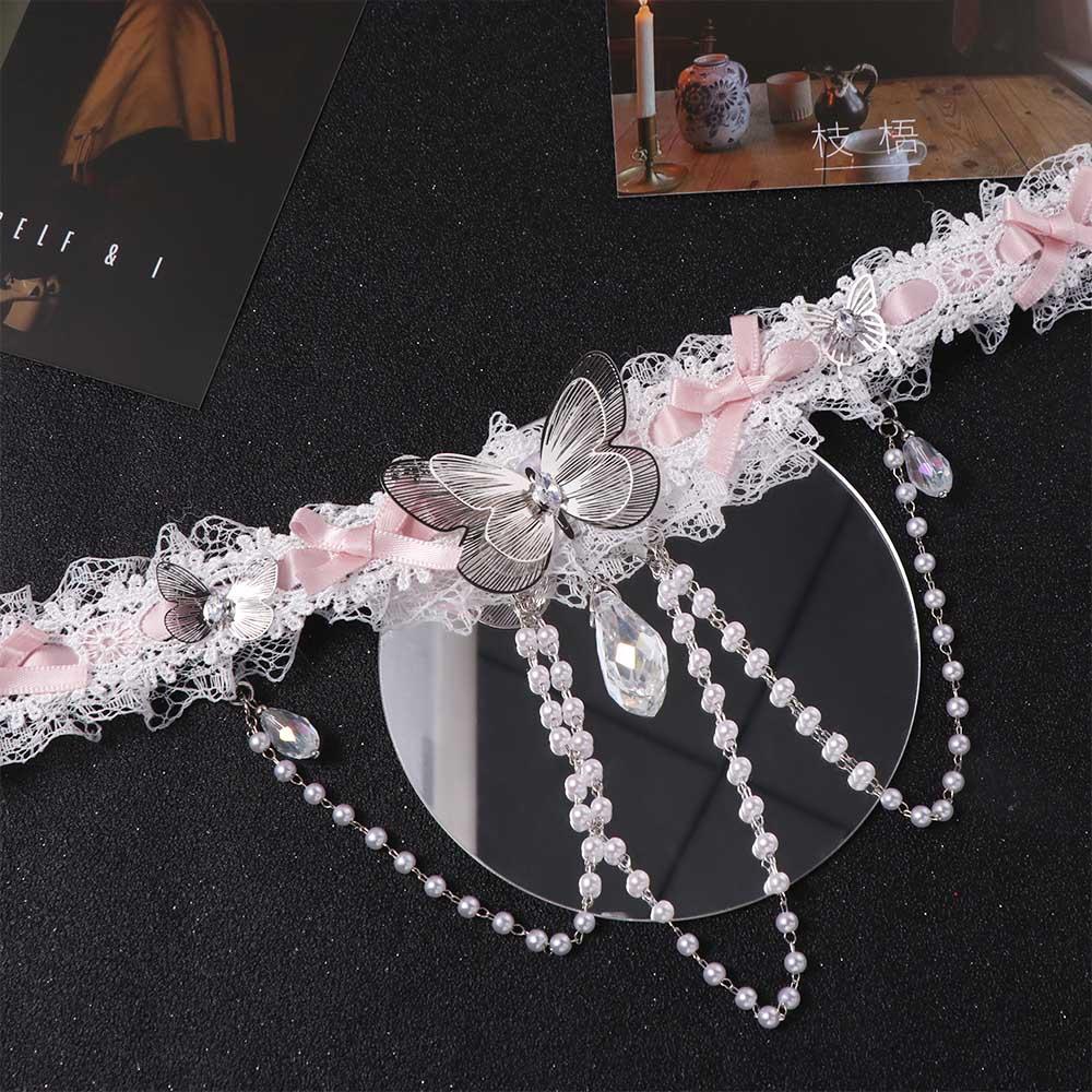 Lolita Lace Bow Choker Pearl Tassel Butterfly Necklace Rhinestone Pendant Necklace  Music Festival