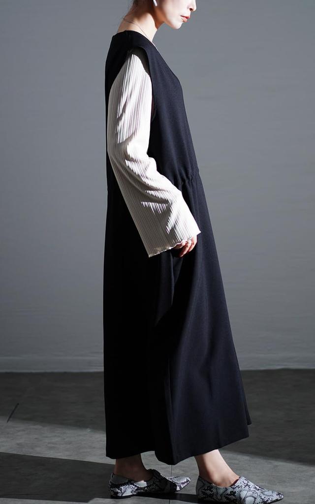 Goldfarbenes Japanisches Damen Plus Size Kleid, Latzrock, V-Ausschnitt, Kordelzug, Taschen, Stretch, Frühling, Herbst, Winter, Sommer, nw-24032, LL-3L, Schwarz