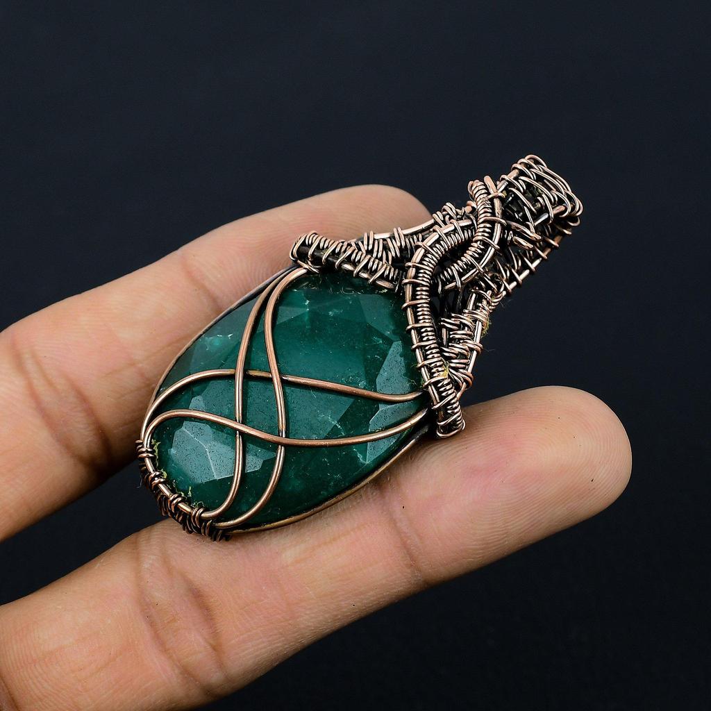 Emerald Pendant, 999 Copper Wire Wrapped Pendant Gemstone Jewelry, Handmade Pendant Amazing Jewelry, Gift For Her