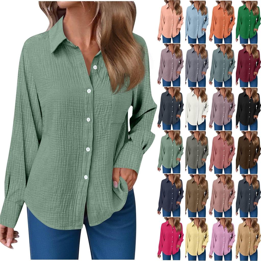 Women's Fashion Casual Solid Color Split Button Long Sleeve Shirt Top
