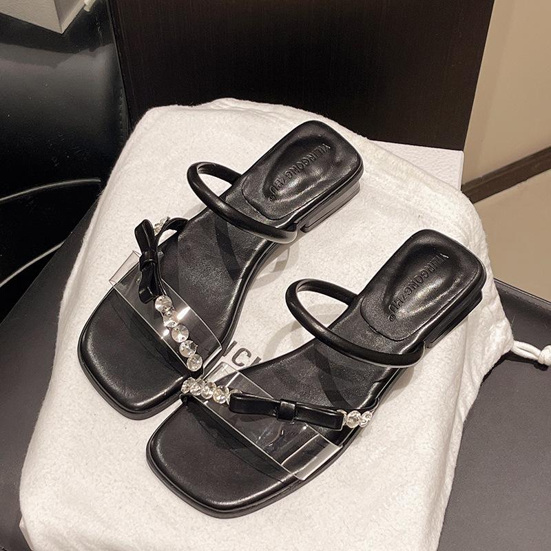 

French gentle sandals female 2025 summer new fairy style with skirt temperament rhinestone word with thick heel sandals 40 чорний