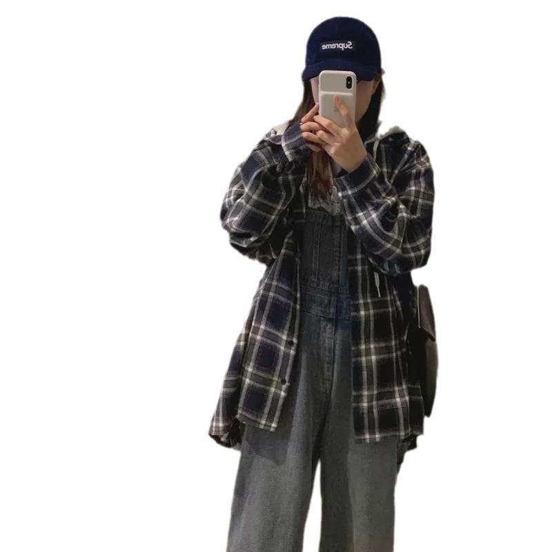 

Куртка-рубашка в клетку свободного покроя с капюшоном в студенческом стиле средней и длинной длины XL чёрный