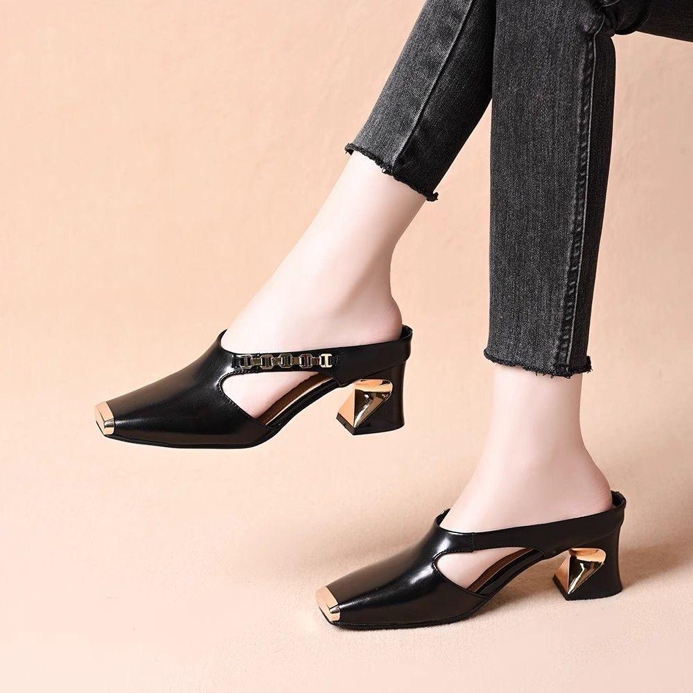 Metal Head Anti-kick Outer Wear Slippers Women's Fashion Versatile Chain Square Head One Pedal Lazy Women's Sandals