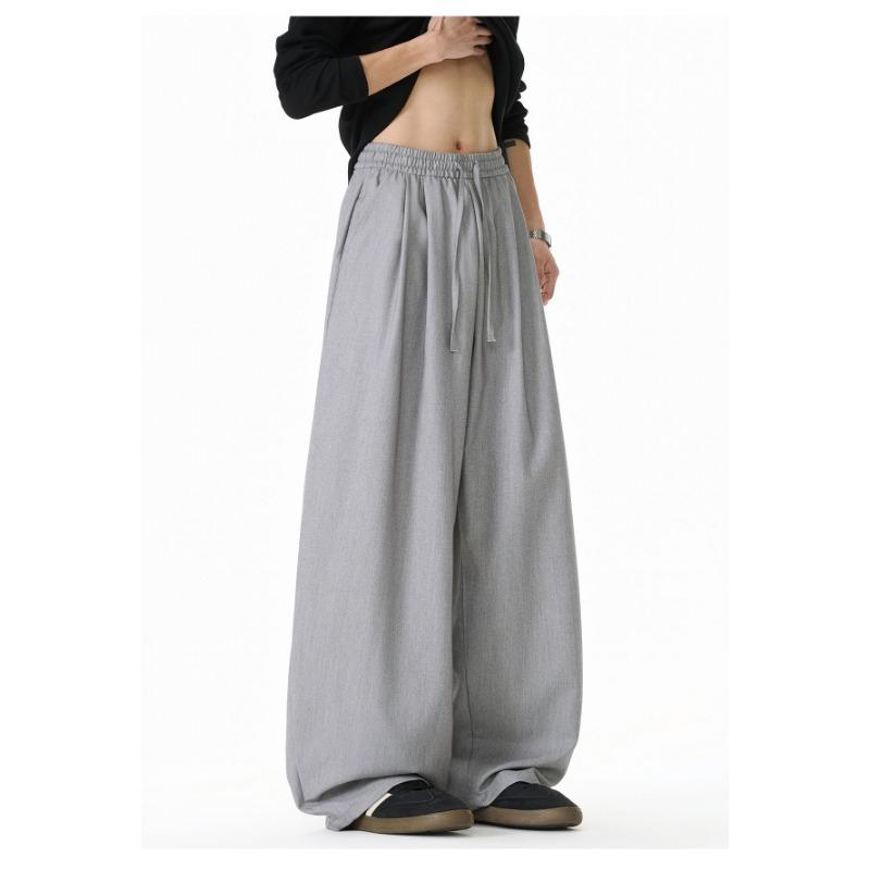 Mens Loose Draped Double Pleated Waist Straight Casual Long Trousers