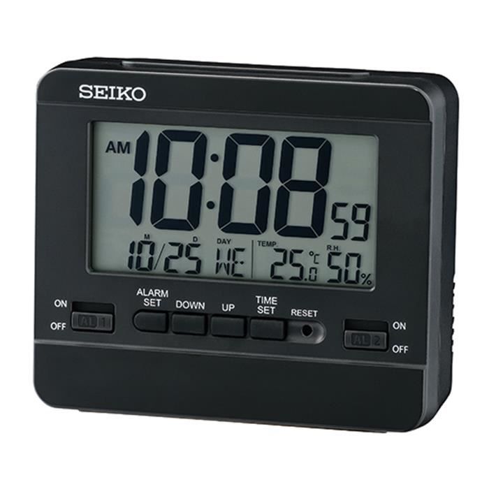 Réveil digital - Seiko Clocks - Réveil Seiko noir - Thermomètre - Calendrier - Double alarme