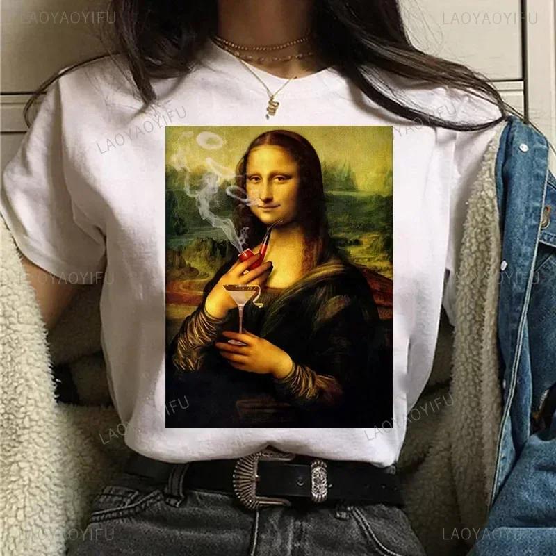 Vintage Humor Mona Lisa Print Women Fashion Top Funny Rose Mona Lisa T-Shirt Classic Camise Breathable Short-sleev