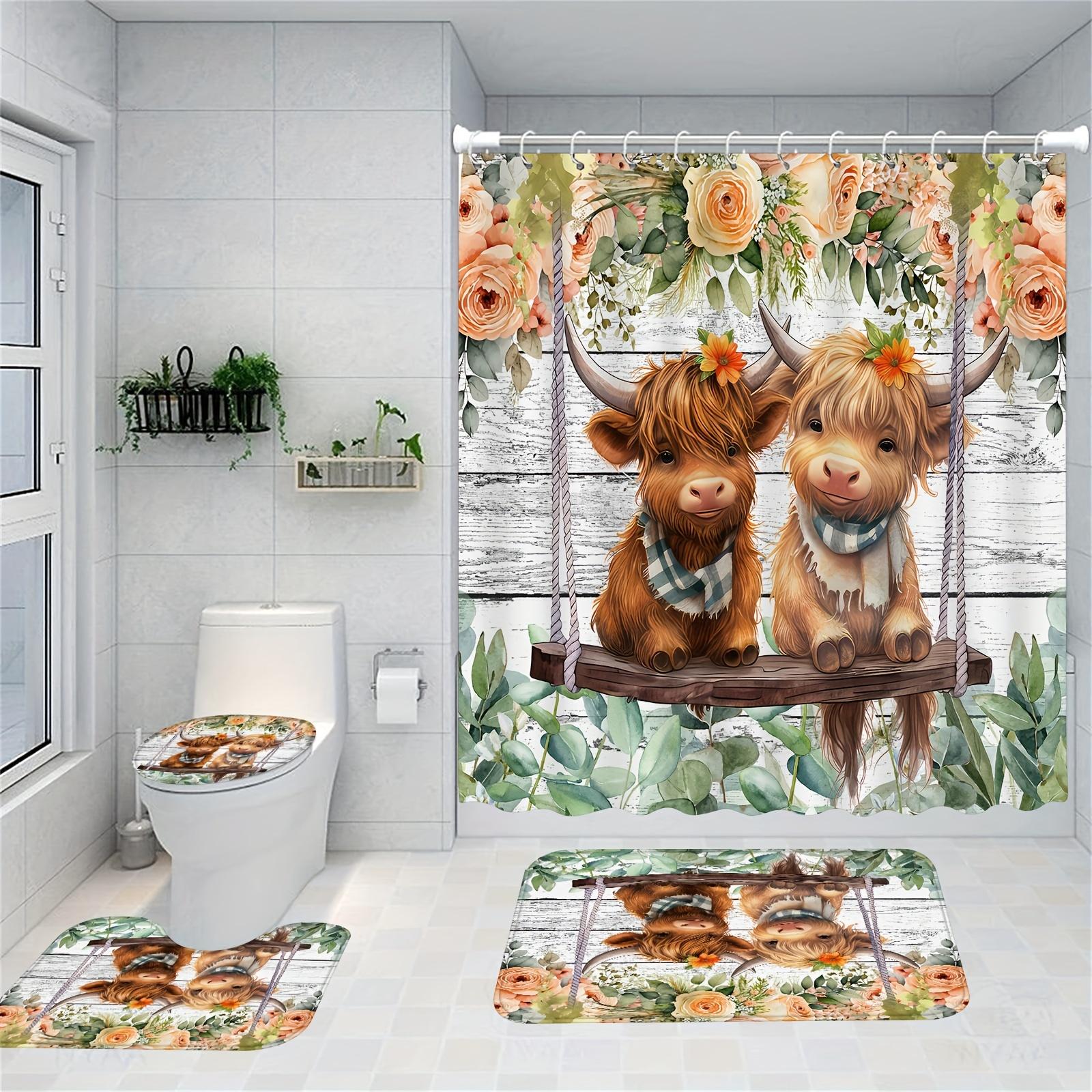 Cute Highland Cow Flower Bathroom Set - Waterproof Shower Curtain, Toilet Lid, Soft Bath Mat, And Comfortable Contour Mat W60H190(CM)-1 Pcs