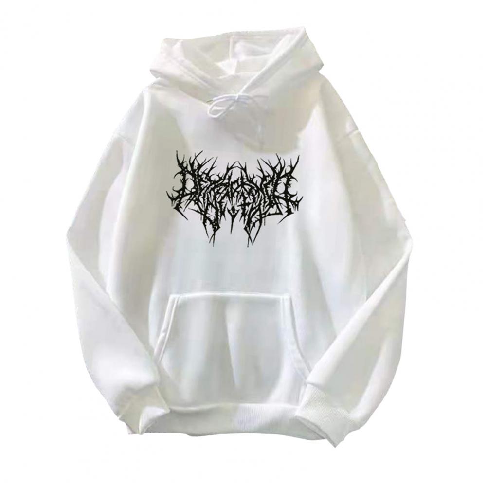 Fall Winter Unisex Hoodie Drawstring Elastic Cuff Thorn Print Thick Fleece Patch Pocket Loose Long Sleeves Pullover Warm Top