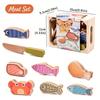 Conjunto de Brinquedos de Cozinha de Madeira para Brincadeiras de Faz de Conta Gancho Magnético Velcro Frutas Legumes Carne Sobremesa Brinquedos Educativos de Role Play