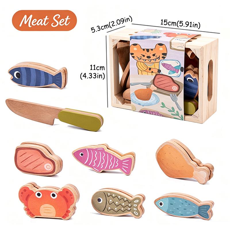 Conjunto de Brinquedos de Cozinha de Madeira para Brincadeiras de Faz de Conta Gancho Magnético Velcro Frutas Legumes Carne Sobremesa Brinquedos Educativos de Role Play