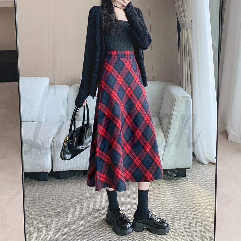 Korean Wool Plaid Midi Skirt: High-Waisted, Plus Size, Slimming A-line - Winter 2026 L
