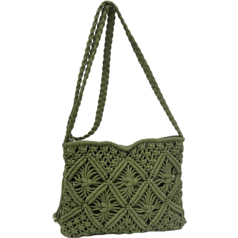

Ручна бавовняна мотузка з бахромою плетена сумка нова плечова коса солома плетена сумка повсякденна жіноча сумка пляжна сумка для відпустки top zipper зелений