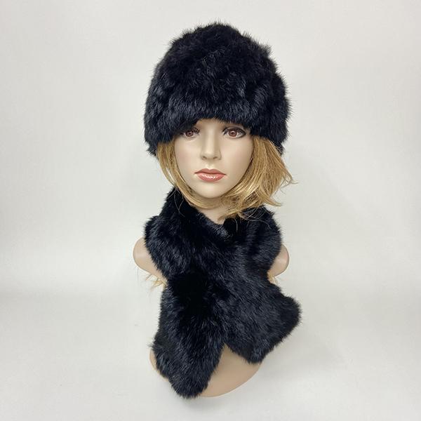 Winter Warm Rabbit Fur Hat Scarf Set Natural Fur Knitted Shawl High Elastic Women Beanie