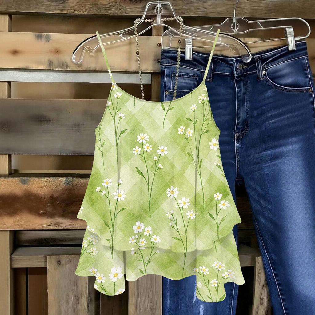 Women Sleeveless Floral Print Double Layer Camisole Top Lightweight Spaghetti Strap Summer Blouse Casual Loose Fit Shirt