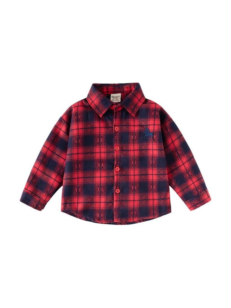 2026 Spring Kids' Blue Plaid Embroidered Long Sleeve Shirt for Boys