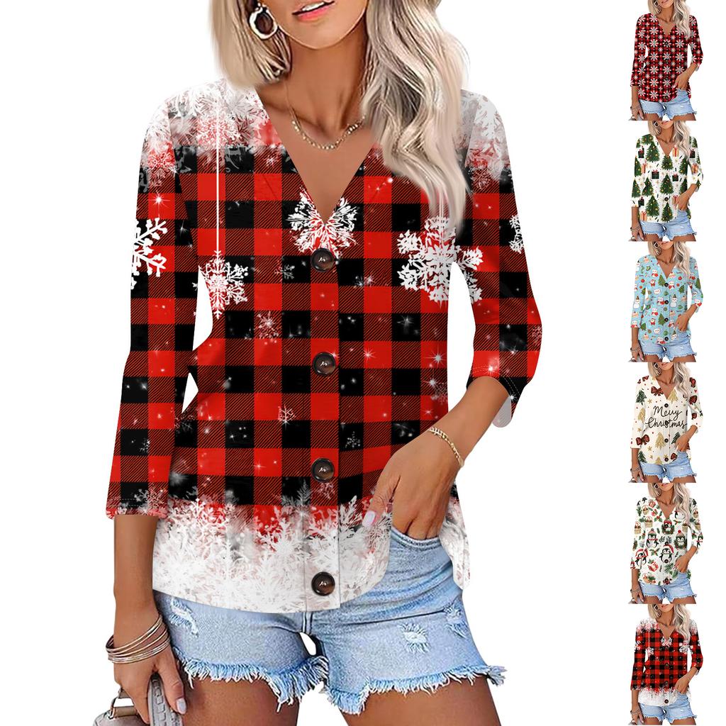 Women's Casual Christmas Print Button Down Shirt with 3/4 Sleeves