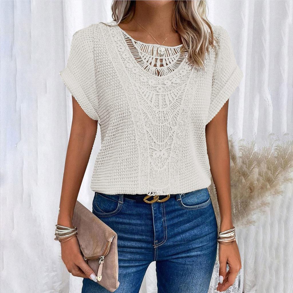 Women’s Short Sleeve Crochet Knit Top with Round Neck and Hollow Out Pattern for Casual Daily Wear
