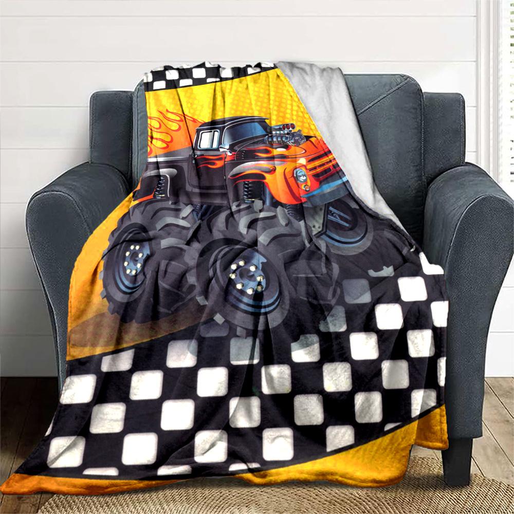 Monster Truck Adventure Flannel Blanket Super Soft Warm Cozy Blanket For Sofa Bed Office Travel Allseason Home Decor Gift