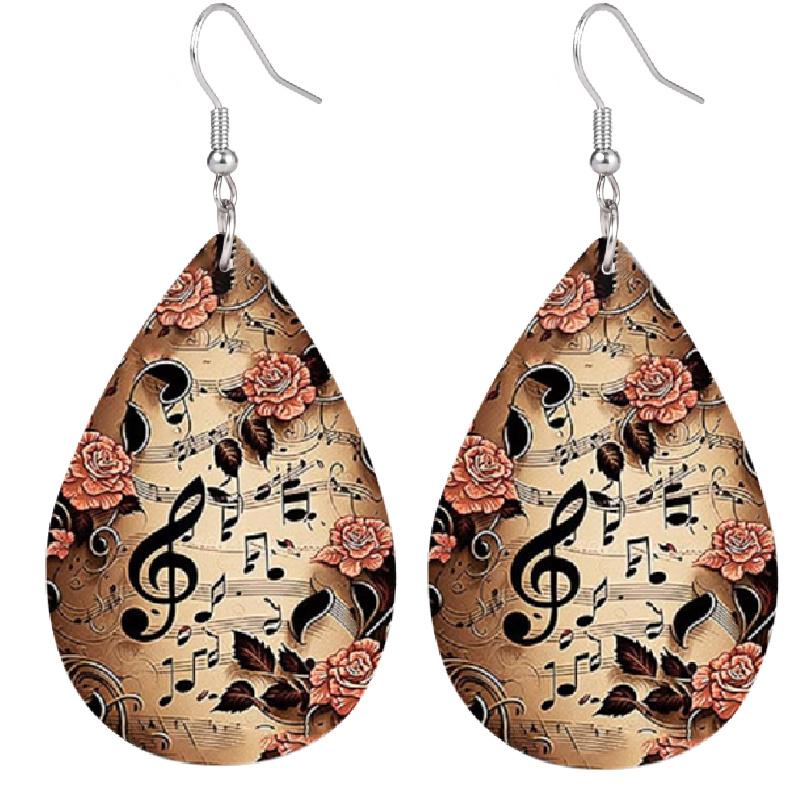 Classical Elegant Music Note Pattern PU Leather Earrings Women's Fashion Drop Dangle Earrings Double-sided Print Lightweight  Earrings