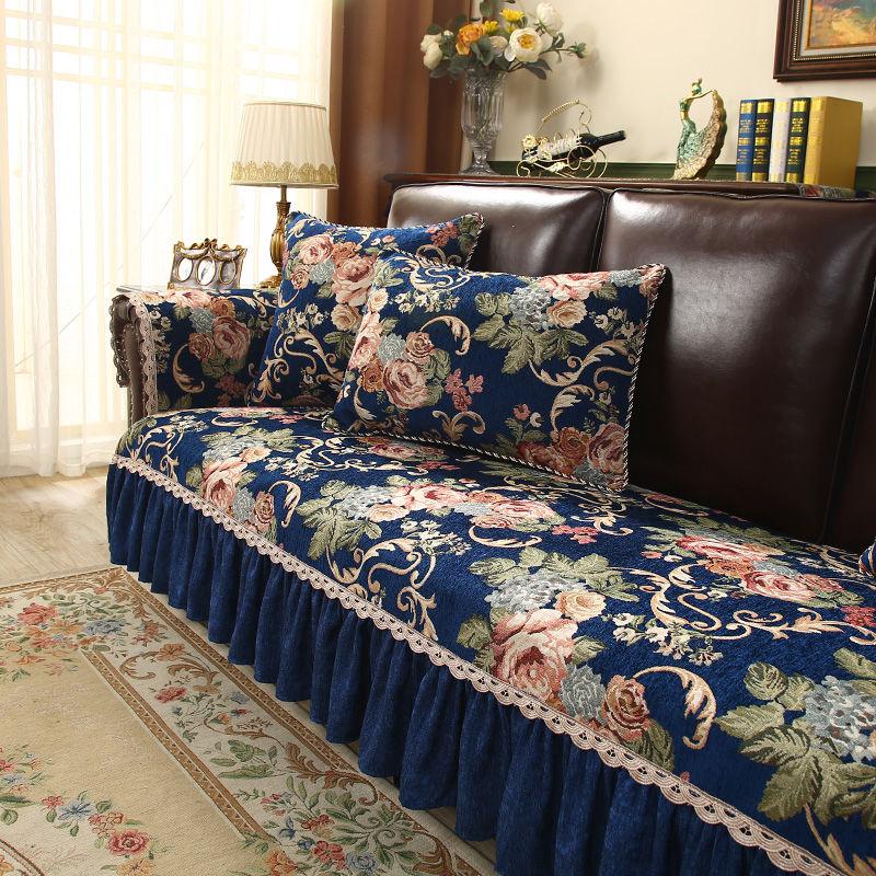 Bestickter Sofaüberwurf mit unregelmäßigem Rand Chenille Rutschfest Sofahandtuch Kissenbezug Europäischer Stil Rot Grün Sofakissen mit Saum