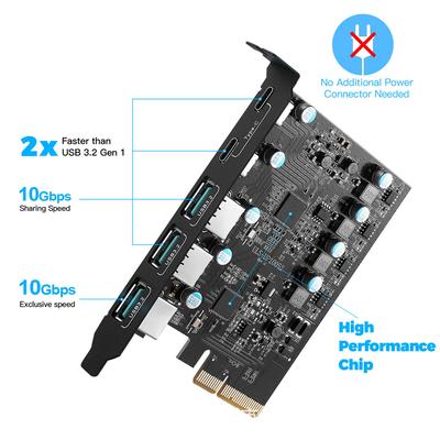 PCIe auf USB 3.2 Gen 2 Erweiterungskarte 10 Gbit/s 3 Typ A & 2 Typ C Anschlüsse