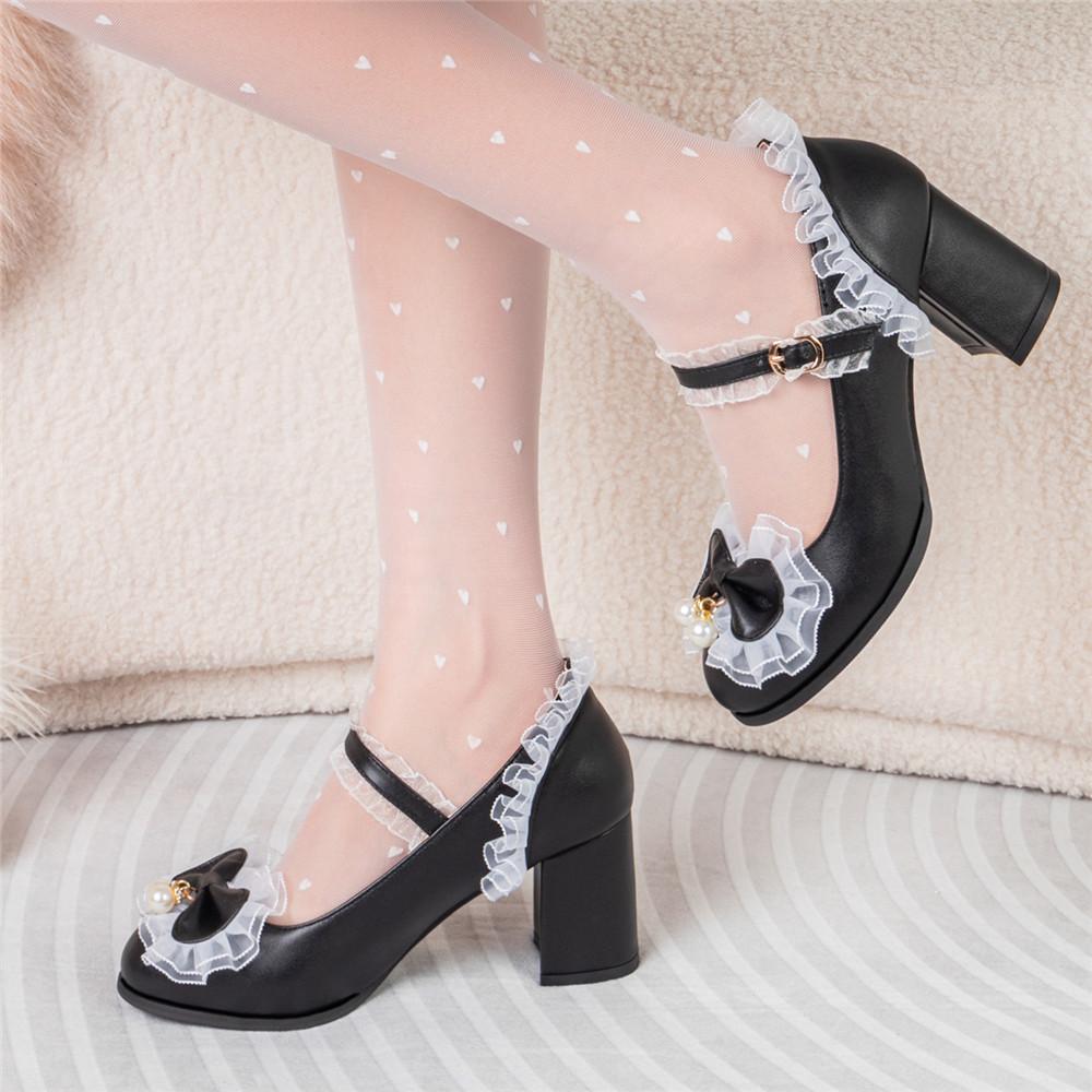 Fashion 2025 Women High Heels Cross Strap Mary Jane Pumps Party Wedding White Pink Black Bow Lace Beads Princess Cosplay Lolita Shoes