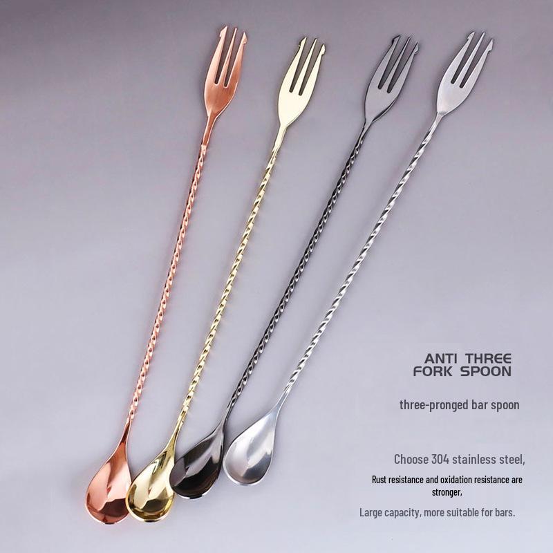 304 Stainless Steel 30cm Bar Spoon with Teardrop Handle and Three-Pronged End for Cocktails