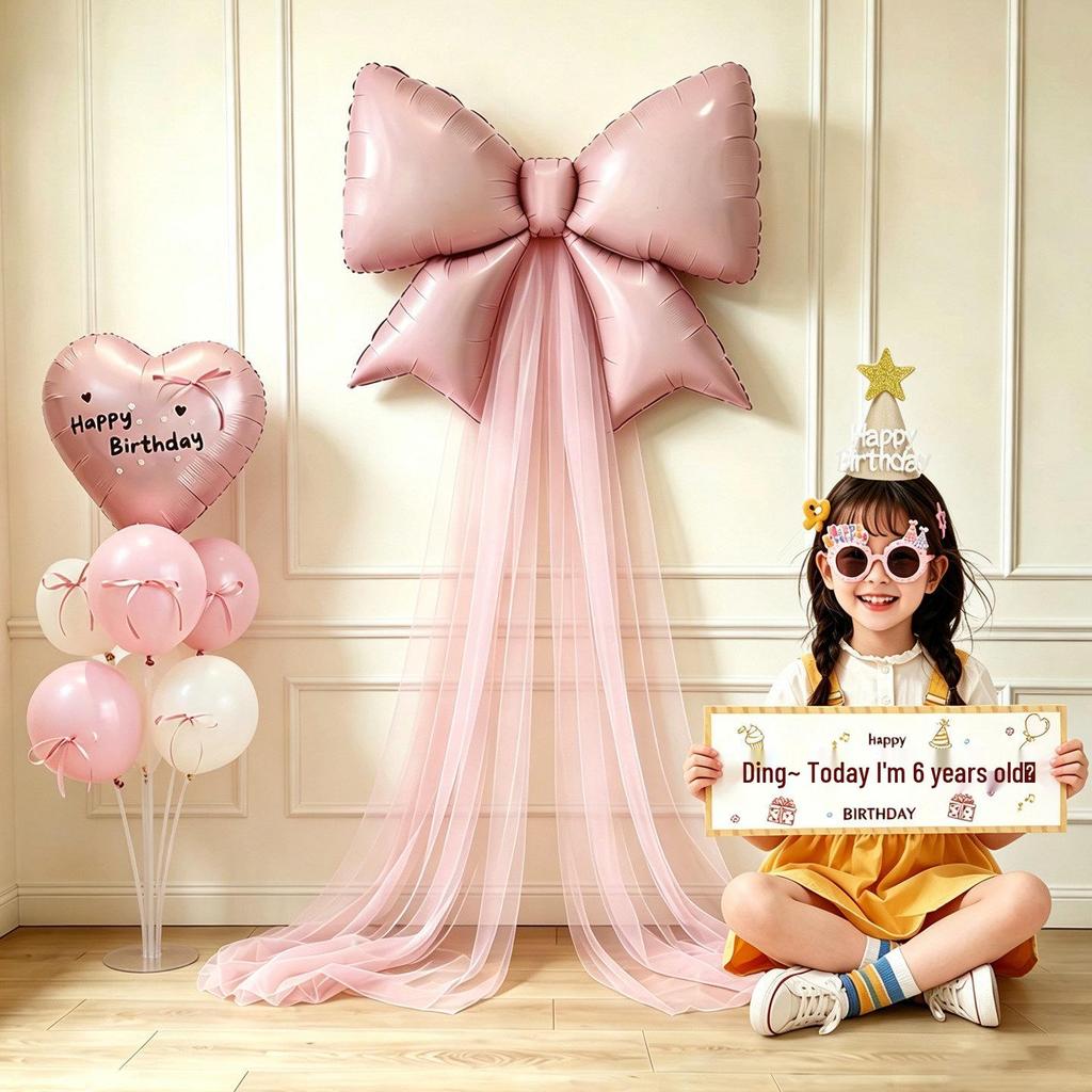 Girls' 5th & 6th Birthday Decor Set with Bow, Net Yarn, and Balloons for a Festive Photo Atmosphere
