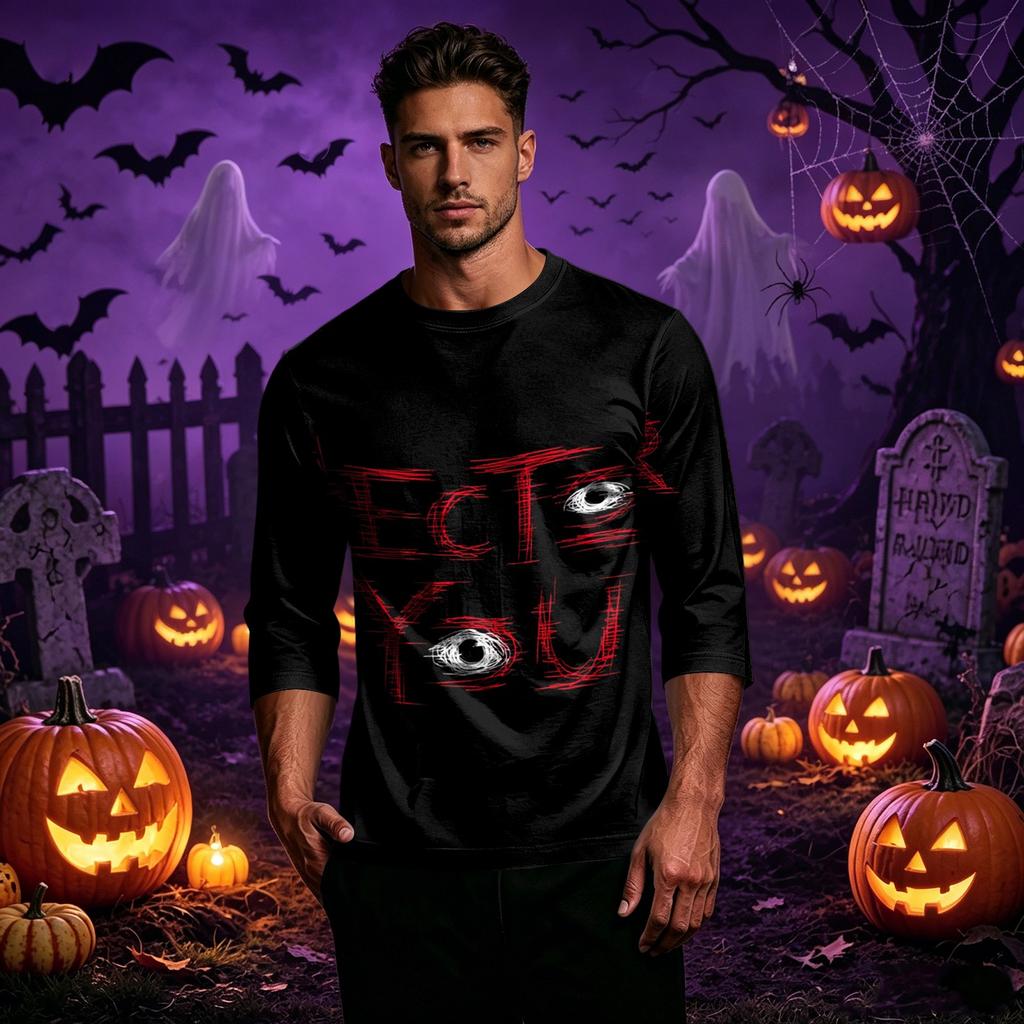 Men's Casual Halloween Graphic Crew Neck T Shirt Three Quarter Sleeve Top Lightweight Comfortable Fit