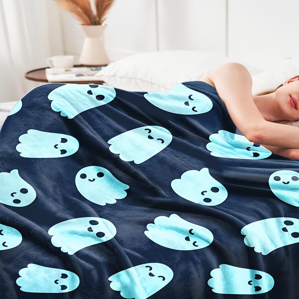 1pc, Halloween Blue Ghosts Flannel Fleece Throw Blanket, All-Season Soft Cozy Sofa Cover, Travel Blanket, Machine Washable
