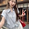 Ladies' Blue Plaid Shirt Women's Turn-down Collar Drawstring Short Sleeved Blouse Summer New Korean Version Versatile Top