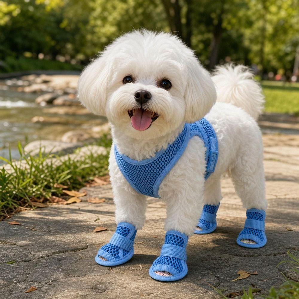 4Pcs Portable Mesh Dog Shoes Soft-sole Non-slip Pet Sandals Wear-resistant Breathable Dog Foot Cover Summer