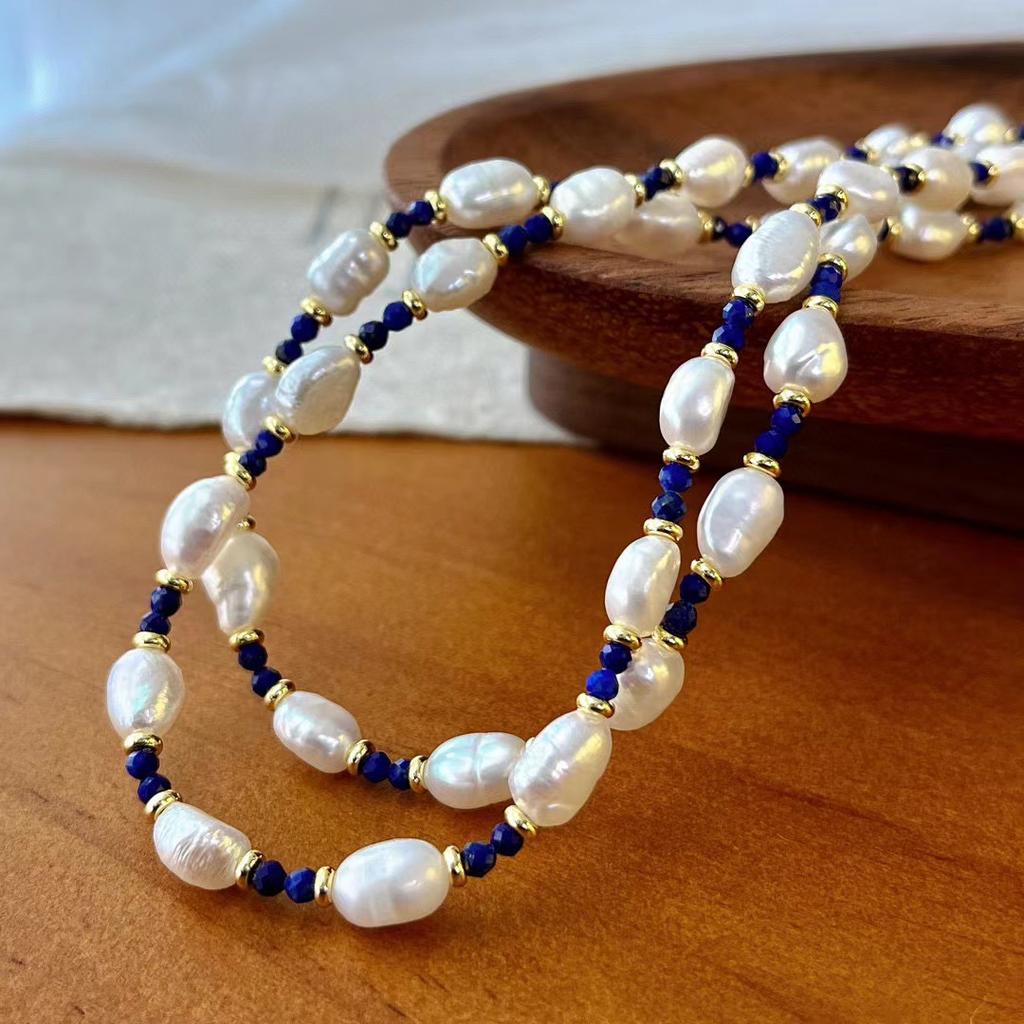 National Style New French Retro Temperament Natural Lapis Lazuli Freshwater Baroque Pearl Necklace Niche