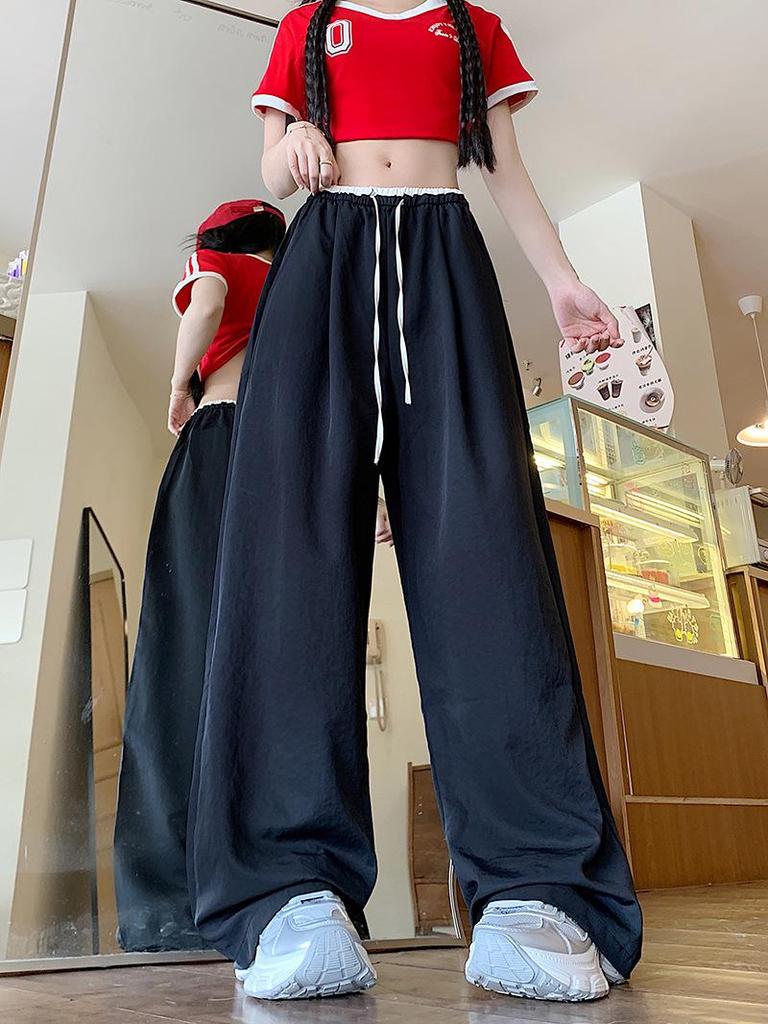 Korean Retro Colorblock Ice Silk Wide-Leg Summer Pants for Women