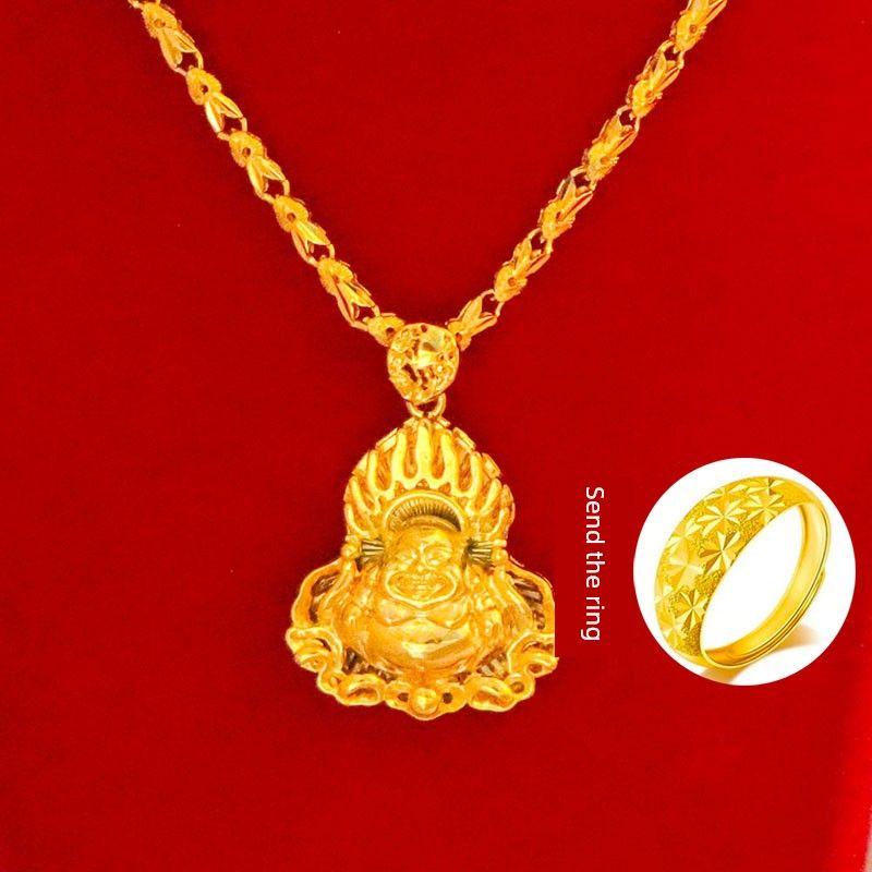 

999 Чистое Золото 18K Твердый Золотой Сплав Никогда Не Выцветает Цепочка на Ключицу Ювелирное Украшение Подарок Требуемый Подарок Goldfish chain 45cm + Buddha pendant random ring