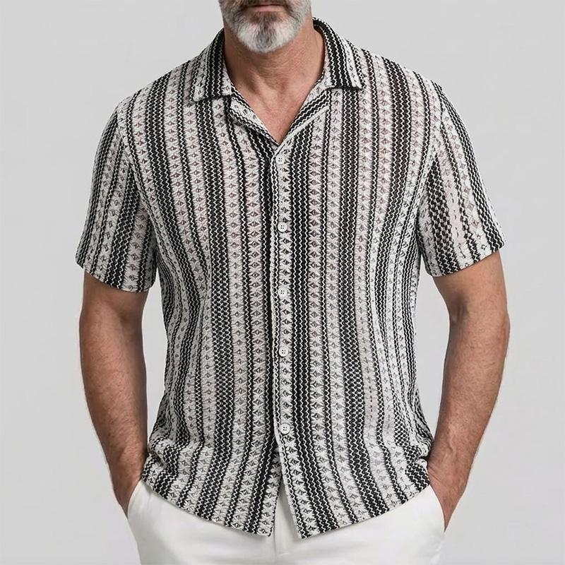 

Men Short Sleeve Cuban Collar Shirt Striped Knit Texture Casual Button Down Top S белый